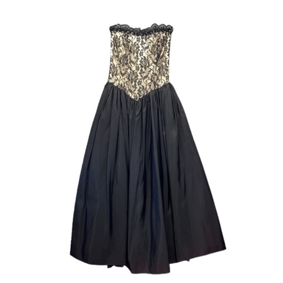 Vintage Gunne Sax Black Gold Dark Floral Lace Strapless Prom Dress Gown Goth - Picture 2 of 16